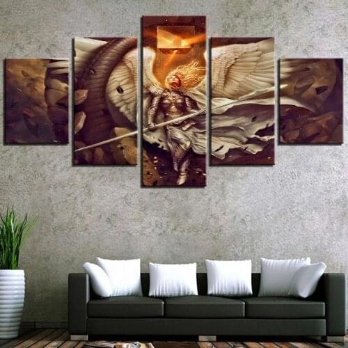 Canvas Hd Prints Wall Art Picture 5 Pieces Fantasy Angel Warrior Wings And Spear Fire Oil Painting Home Decor Anime Girl Posters