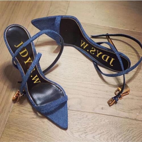 Summer new style fashion women sandals denim point toe strappy ankle stiletto stripper high heels shoes big size 43