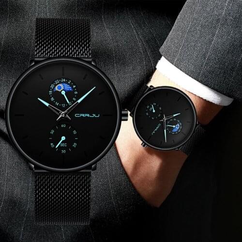CRRJU New Men Quartz Watch Fashion Minimalist Ultra-thin Waterproof Mesh Wristwatch with Moon Phase Relogio Masculino