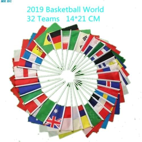 Hand Wave Flags With Pole of 2019 Basket ball Word Cup 32 Countries Teams Small bandeir for Club Fans Celebrating 21*14 CM