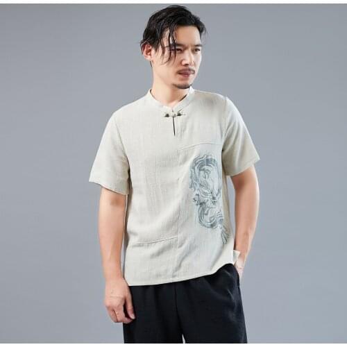 Summer Men Sweatshirt Linen Chinese Traditional Embroidery Short Sleeve T-shirt men Yoga Casual Jogger Workout Shirt Sportswear
