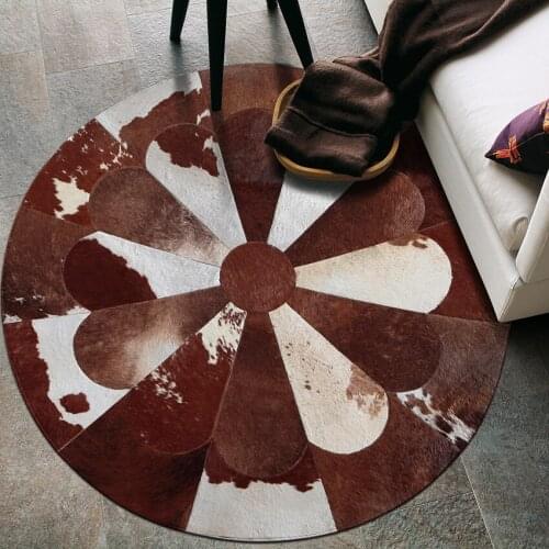 American style cowhide round patchwork rug , big size genuine cow skin fur carpet, brown color decorative leather floor mat