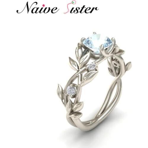 Fashion Women Floral Ring Transparent Blue AAA Cubic Zirconia Rings Jewelry Lucky Flower Vine Leaf Birthday Proposal Gift Bridal