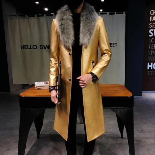 2018 Mens Black Leather Trench Coats Big Fur Collar Long Men Overcoats Luxury Veste Long Homme Gold Long Coats Slim Fit Elegante