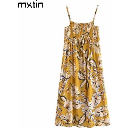 MXTIN 2021 Women Summer Vintage Floarl Print Midi Dress Fashion Square Collar Sleeveless Backless Elasticity Female Party Dress