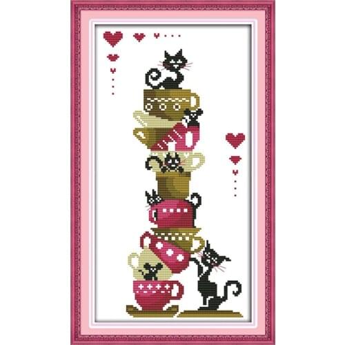 Black cats on the cups cross stitch kit cartoon animal 14ct 11ct count print canvas stitches embroidery DIY handmade needlework