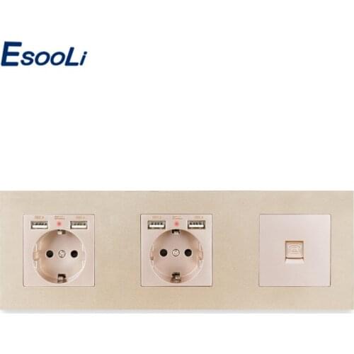 ESOOLI PC Plastic Panel Double French Standard Wall Socket with 4 USB Charging Port + RJ11 Telephone Connector AC 110~250V