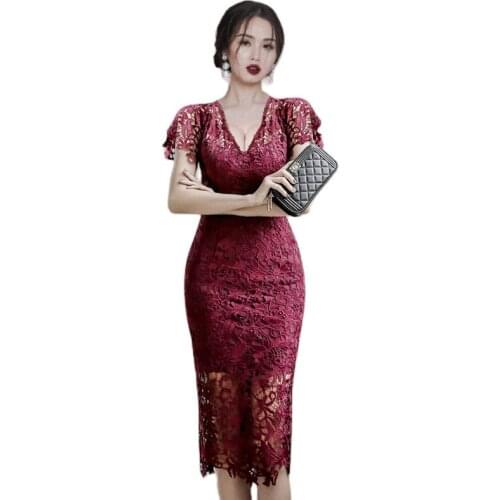Lace tight lace Dress one piece korean ladies Summer ruffle Sleeveless V neck Sexy cabaret party midi Dresses for women