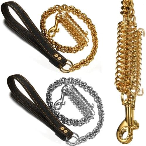 Dog Leash Shock Absorbing Indestructible Safety Flexi No-Pull Gold Color Metal with Bungee Buffer Spring Genuine Leather