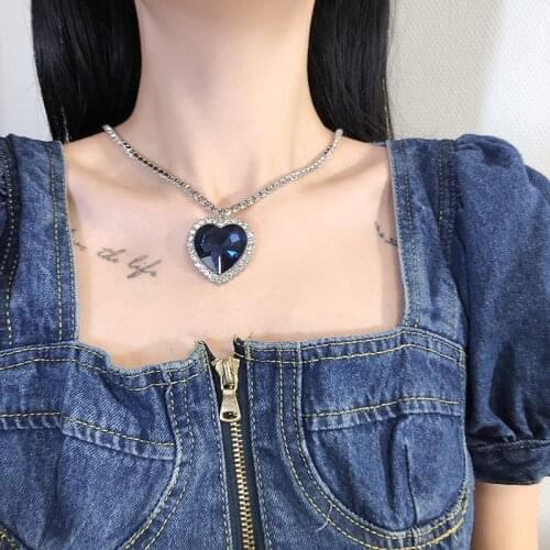 Origin Summer Temperament Blue Color Big Love Heart Rhinestone Pendant Necklace for Women Fashion Necklace Jewelry Accessories