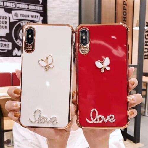 Luxury Rhinestone Butterfly Love Phone case For IPhone 12mini 11Pro Max XR XS Max 7 8 Plus SE Electroplate Silicone soft cover