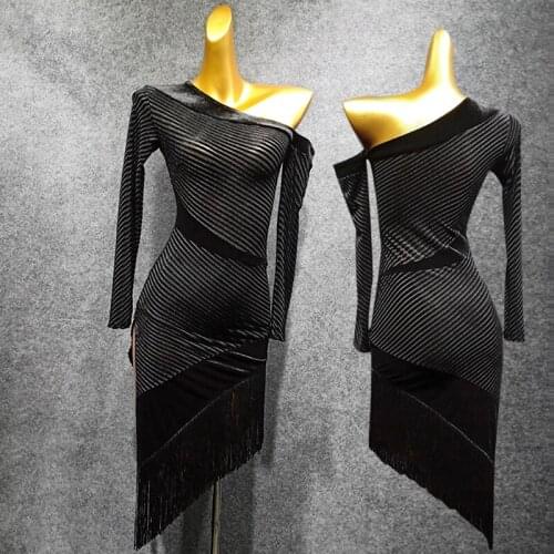 Latin Dance Clothes Female Autumn Winter Dress Women New Velvet Dress Long-Sleeved Performing Dress Black Fringe Skirts VDB1100