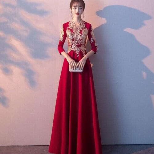 Traditional Chinese Wedding Dress Women Cheongsam Embroidery A-line Party Dress Red Qipao Costume Oriental Style Dresses