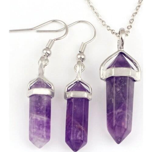 Trendy-beads Silver Plated Natural Purple Amethysts Hexagon Column Necklace Earrings Jewelry Sets