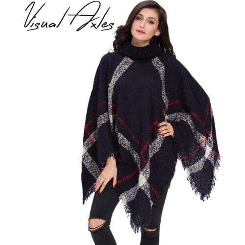 [Visual Axles] 2020 Plus Size Winter Warm Womens Wool Turtleneck Sleeveless Pullovers Vintage Plaid Knit Sweater Poncho