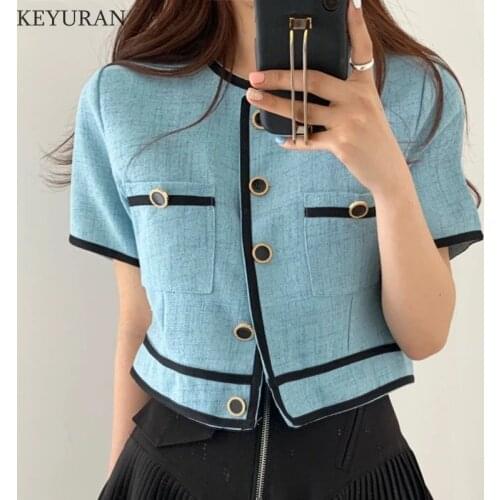 2021 Summer Women Jacket Chic New Arrival Office Lady Korean Clothes O-neck Single Breasted Coat Contrast Color Thin Short Tops