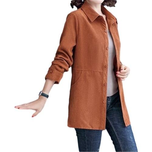 Vintage Corduroy Long Sleeve Shirt Women Spring Autumn Mothers Lapel Single-Breasted Pocket Blouse Solid Loose Shirt Outerwear