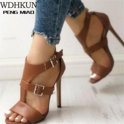 Women Sandals Summer Gladiator Fine High Heels Leather Peep Toes Ankle Buckle Strap Woman Party Shoes Black Sandalia Mujer 2020