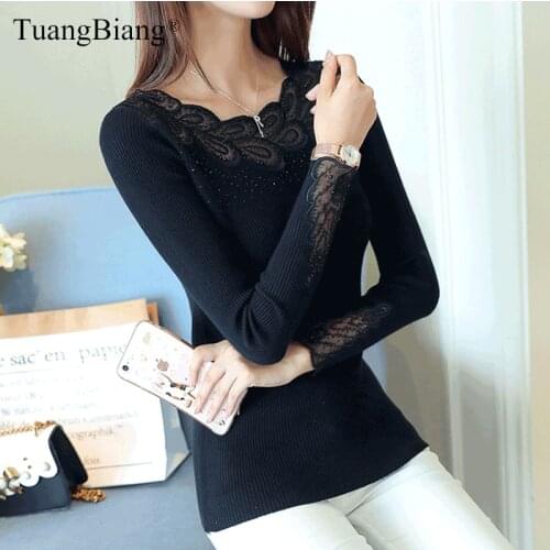 2020 Lady Lace O-Neck Fashion Diamonds Knit Jumpers Elastic Autumn Basic Women Hollow out Pullovers Knitted Long sleeve Sweaters