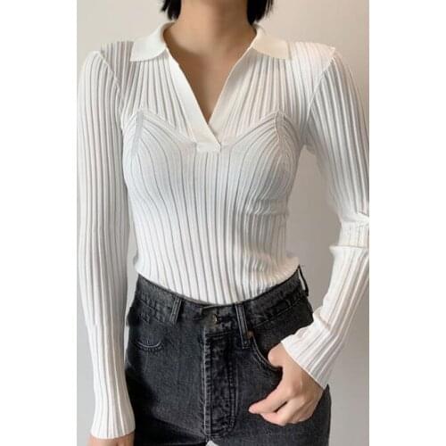 Women Sweater 2020 Early Autumn New V-neck Pit Stripe Slim Slimming Knit Sweater Solid Color Bottoming Shirt with Top