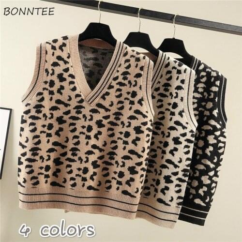 Sweater Vest Women Sleeveless V-Neck Knitting Popular College Thickening All-match Leopard 4 Colors Autumn New Ulzzang Outerwear