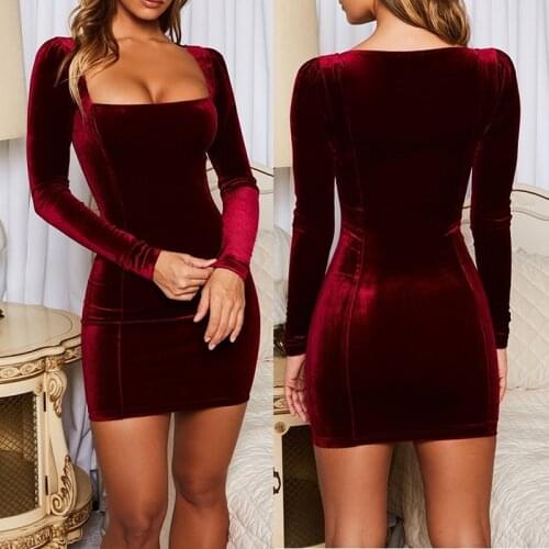 2021 Summer Autumn Sexy Women Velvet Dress Vintage Square Collar Long Sleeve Mini Dress Elegant Bodycon Party Dress Vestidos