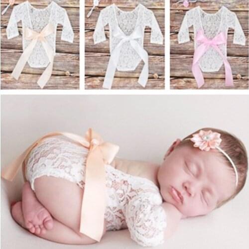 1pcs Newborn Lace Photograph One-Piece Bowknot Lace Dress Headband Set Photography Costume Shooting Props