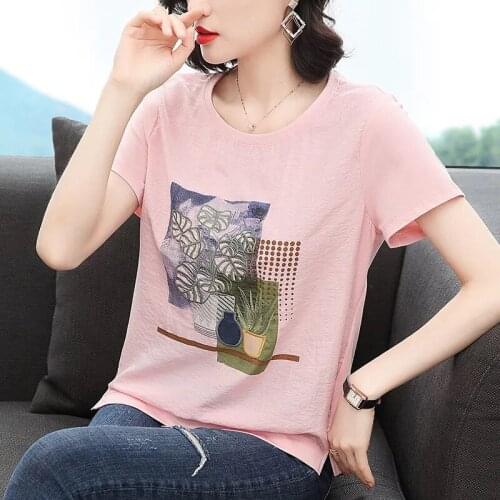 100% Cotton T Shirt Woman 2021 Summer New Short Sleeve Shirt O Neck Loose Woman T-shirt Korean Style Plus Size Women Shirts