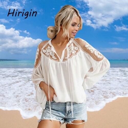 2020 women elegant blouses solid hollow out see through shirts Summer puff sleeve Floral Lace Casual Loose blouse mujer clothes