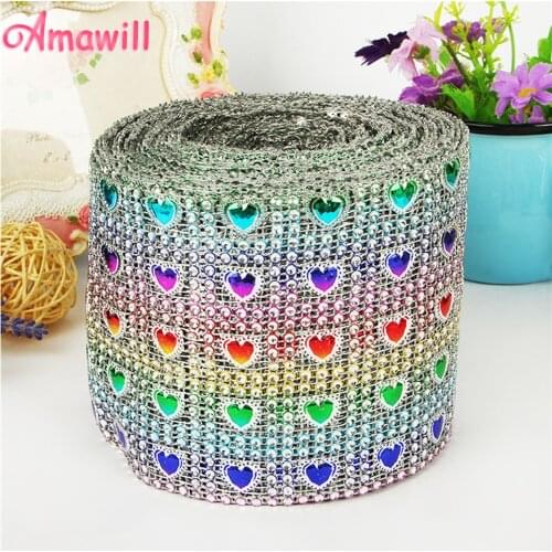 Amawill 1 Yard Rainbow Love Heart Rhinestone Ribbon Diamond Mesh Wrap for DIY Craft Valentines Day Decor Wedding Decoration 7D