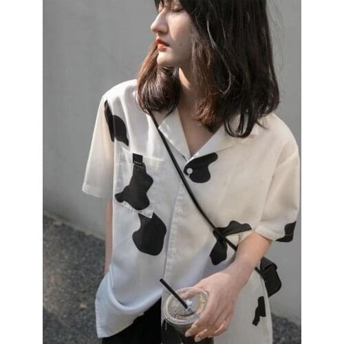 Black and White Cow Print Shirt Women 's Design Sense 2021 Summer New Hong Kong Style Loose Short-Sleeved Top