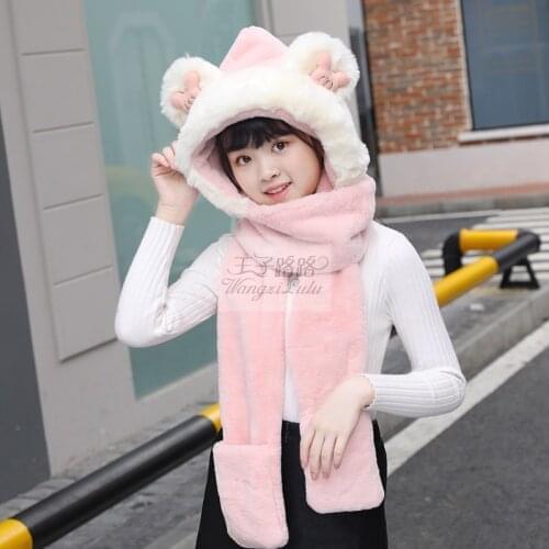 Kids 3 In 1 Warm Plush Winter Hat Cute Bear Ears Kids Scarf Mitten Gloves With Pockets Earflap Hoodie Cap For Girls