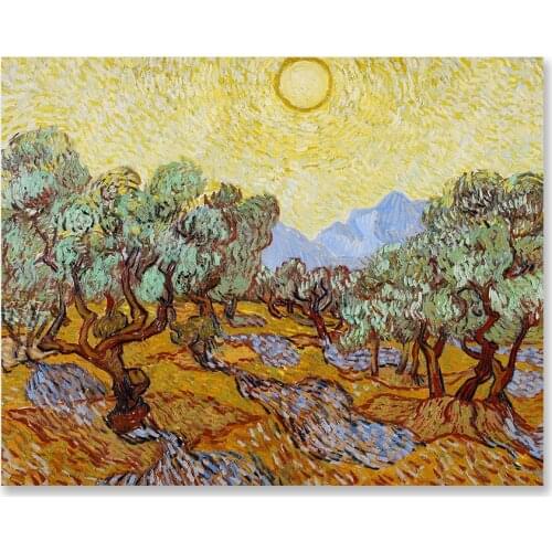 Canvas Print Olive Trees with Yellow Sky and Sun Painting Dining Room Kitchen Modern Home Decoration Wall Art Flower Pictures
