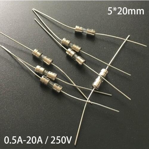 F6A F7A F8A F10A F12A F15A F20A 250V AC 5*20mm 5x20mm Glass Tube Cartridge F Fast Quick Blow Lead Wire Axial Fuse Link