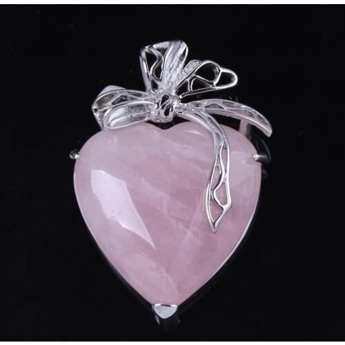 KFT Silver Plated Natural Rose Pink Quartz Crystal Reiki Forever Love Heart Shape Elegant Stone Pendant For Women Men Jewelry