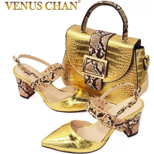 Golden Color Hot Selling INS African Lady Shoes and Bag to Match Slingbacks Sandals with Shinning Crystal Classics Style