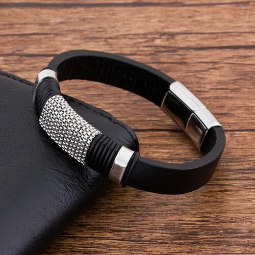 Stainless Steel Magnetic Clasp Charm Men Jewelry Punk Black Braided Leather Bracelet for Men Fashion 21.5cm Bangles Gifts