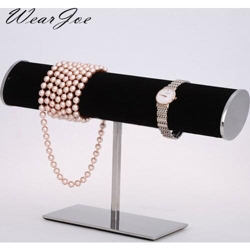 Metal T-Bar Watch Bracelet Display Stand Holder with Velvet Stainless Steel Organizer for Counter Necklace Bangle Storage Rack