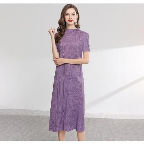 Miyake Pleated Straight Dress Japanese Pp Series Stand Collar Pleated Dress Mid-long Slim Temperament