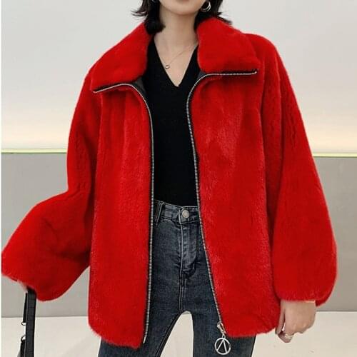 Fashion Red Real Mink Fur Jacket with Turn-down Collar 2021 New High Quality Genuine Mink Fur Coat with Zipper Luxury Fur Outfit