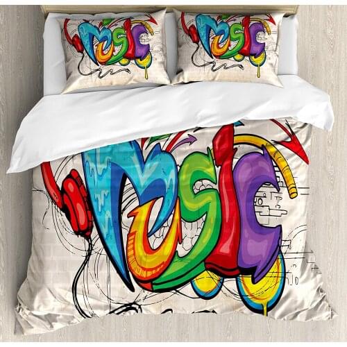 Music Duvet Cover Set Illustration of Graffiti Style Lettering Headphones Hip Hop Theme on Beige Bricks Decorative 3 Piece Bed