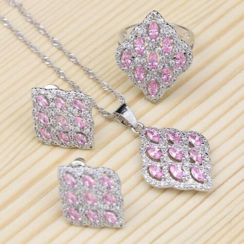 Pink Cubic Zirconia 925 Sterling Silver Wedding Jewelry Sets For Bride Square Shaped Pendant Necklace Ring Stud Earring Set