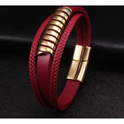New 3 Layers Red Genuine Leather Men Women Bracelets Trendy Gold annulus Stainless Steel Chain Link Cuff Charm Bracelets