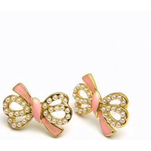 New Fashion Korean Temperament Elegant Imitation Pearl Beads Ribbon Bow Tie Earrings Jewelry Wholesale
