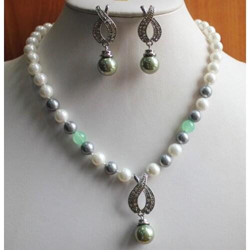 Wholesale charming 8mm white shell pearl necklace 14mm earring and pendant jewelry set