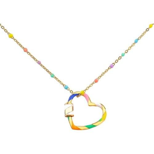 JUWANG 2021 Fashion Chokers Necklaces For Women Colorful Enamel Stainless Steel O-chain Heart Pendant Necklace Trendy Jewelry