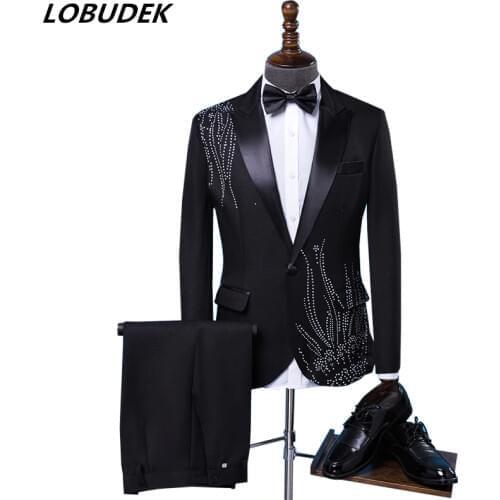 Jacket+tie+pants) Tide male Adult costume Sparkly Diamond Men Suit Bar Singer Prom Chorus Wedding master of ceremonies costume