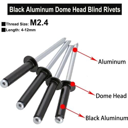 50Pcs Black Aluminum Blind Rivet Pull Nails Tool Round Head Self-plugging Rivet M2.4 Length 4-12mm