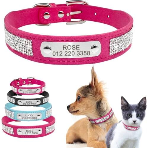 Suede Leather Dog Collar Rhinestone Dogs Cat Personalized ID Collars Customized For Small Medium Pet Puppy Hot Pink Blue Black