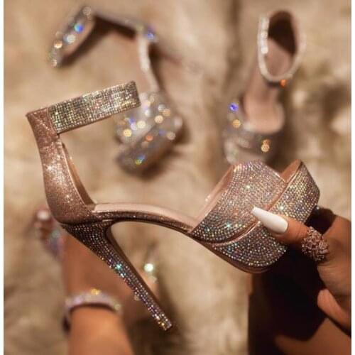 Bling Bling Sandals Crystal Sequined Platform Women Shoes For Pole Dance Fashion One Strap Open Toe Cover Heel Shiny Sandals